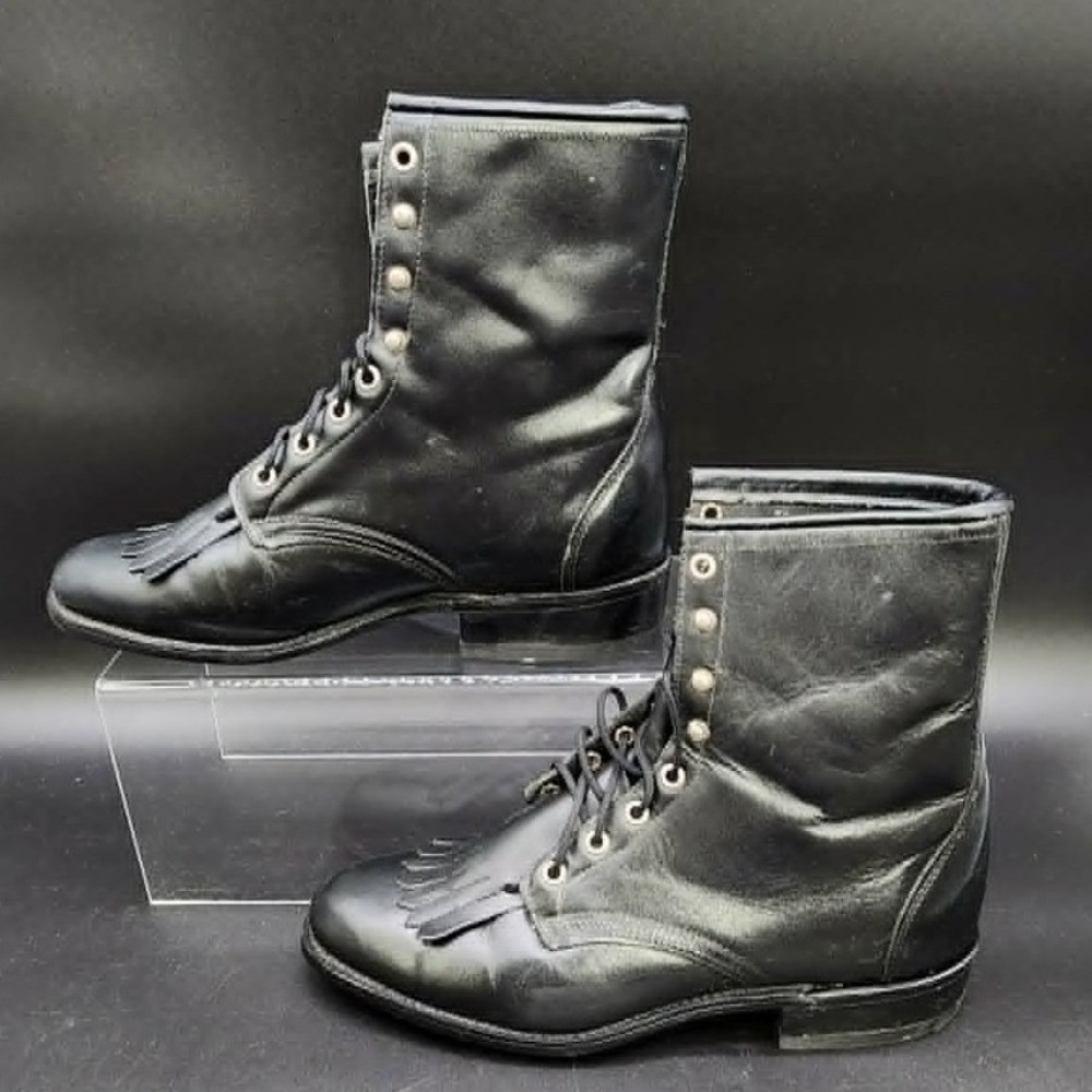 Laredo Kiltie Lace Up Boots Womens Black Western Cowgirl Roper Goth Grunge